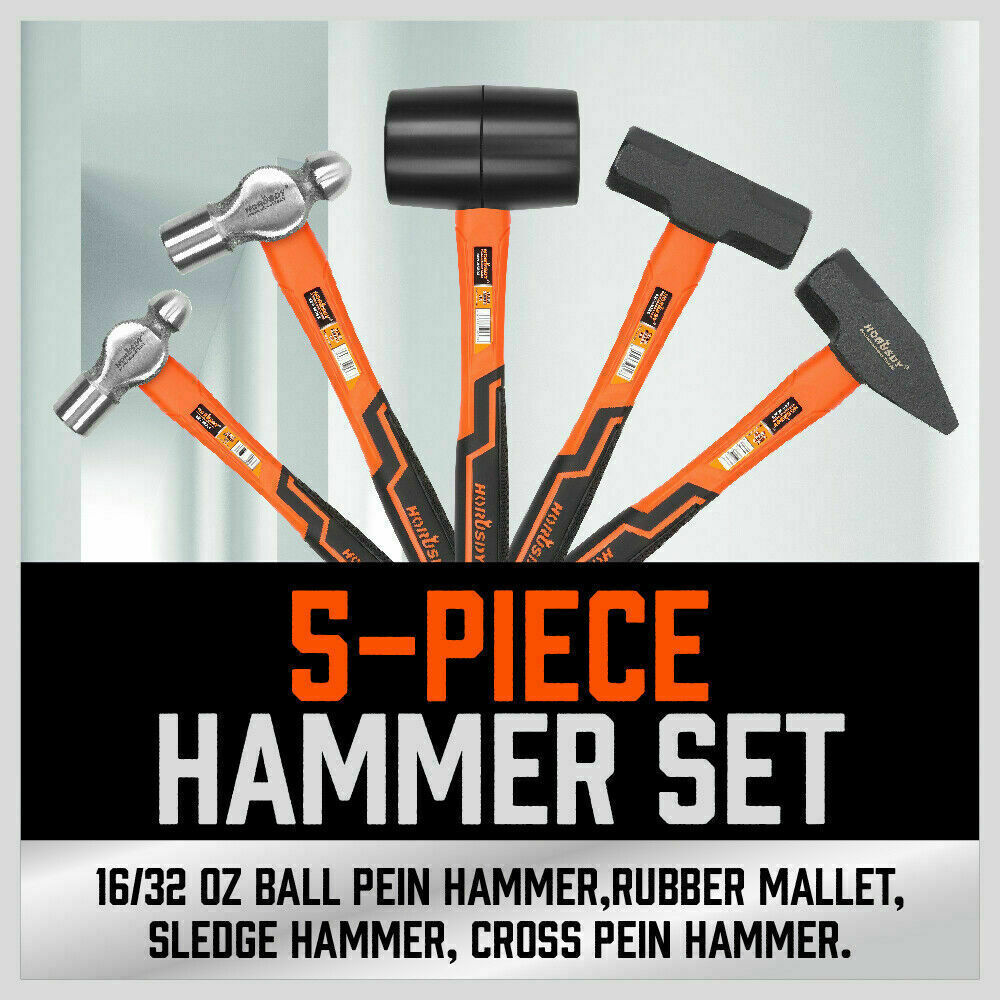 Hammers: 5Pc Hammer Set Rubber / Ball Pein / Sledge / Cross Pein Mallet TPR Grip Handle