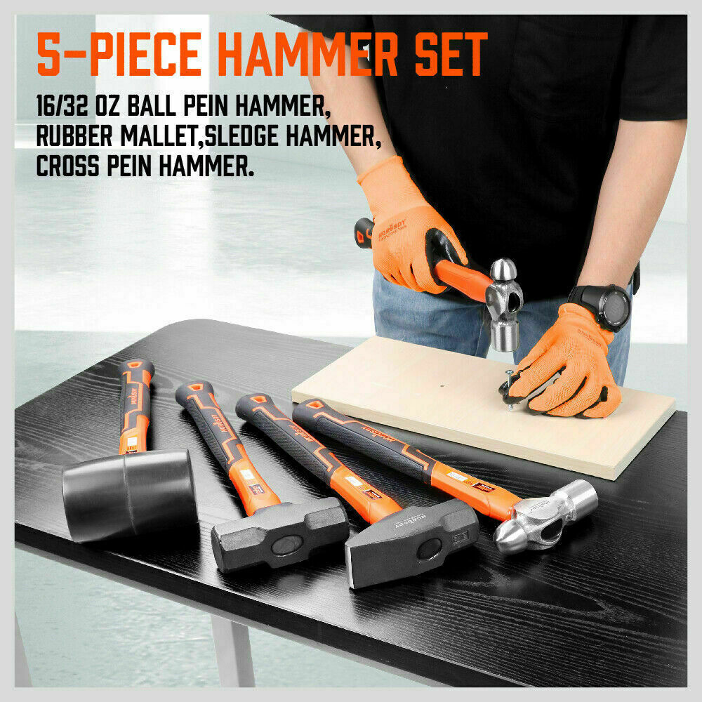 Hammers: 5Pc Hammer Set Rubber / Ball Pein / Sledge / Cross Pein Mallet TPR Grip Handle