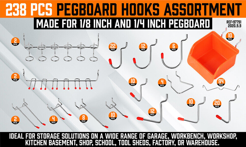Bicycle Stands & Storage: 238Pc Pegboard Hooks Set Peg board Bins Parts Storage Assortment Tools Organiser