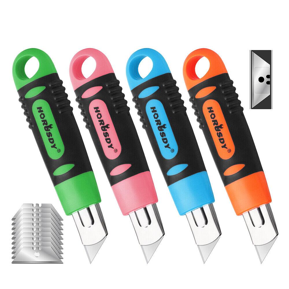 Cutters: 4Pc Box Cutter Snap Off Utility Knife Retractable Grip Handle 10x Spare Blades