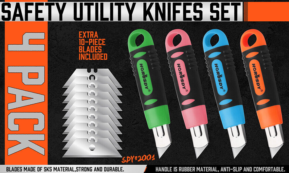Cutters: 4Pc Box Cutter Snap Off Utility Knife Retractable Grip Handle 10x Spare Blades