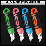 Cutters: 4Pc Box Cutter Snap Off Utility Knife Retractable Grip Handle 10x Spare Blades