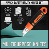 Cutters: 4Pc Box Cutter Snap Off Utility Knife Retractable Grip Handle 10x Spare Blades