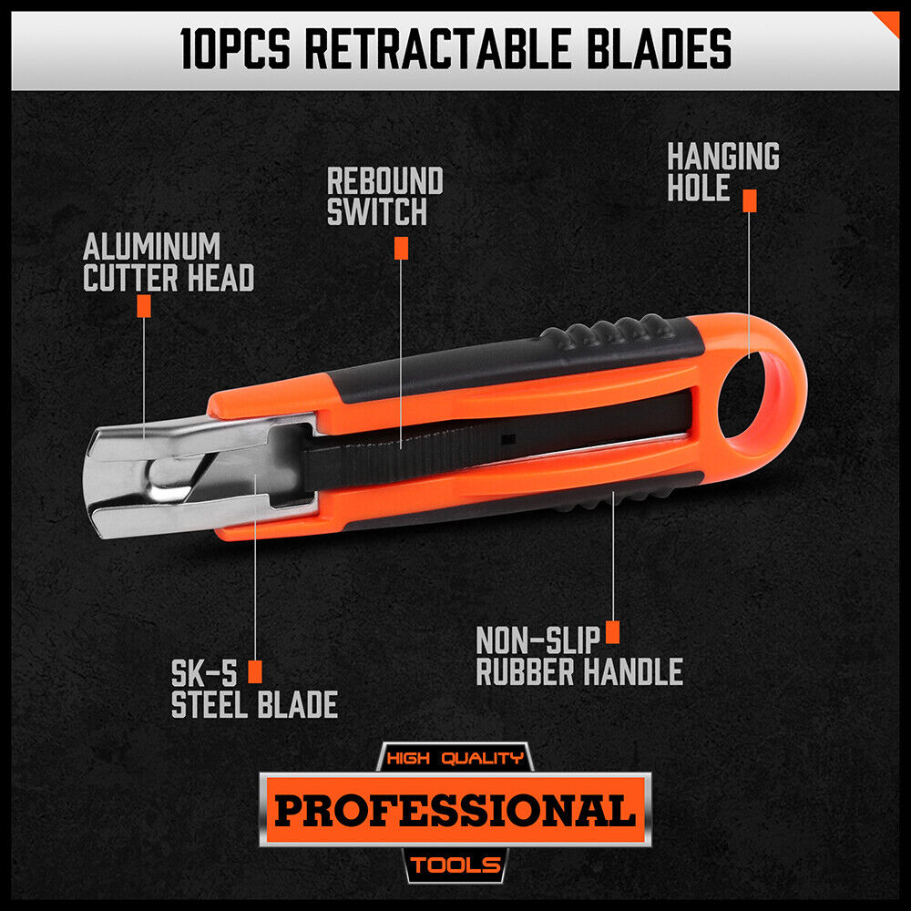 Cutters: 4Pc Box Cutter Snap Off Utility Knife Retractable Grip Handle 10x Spare Blades