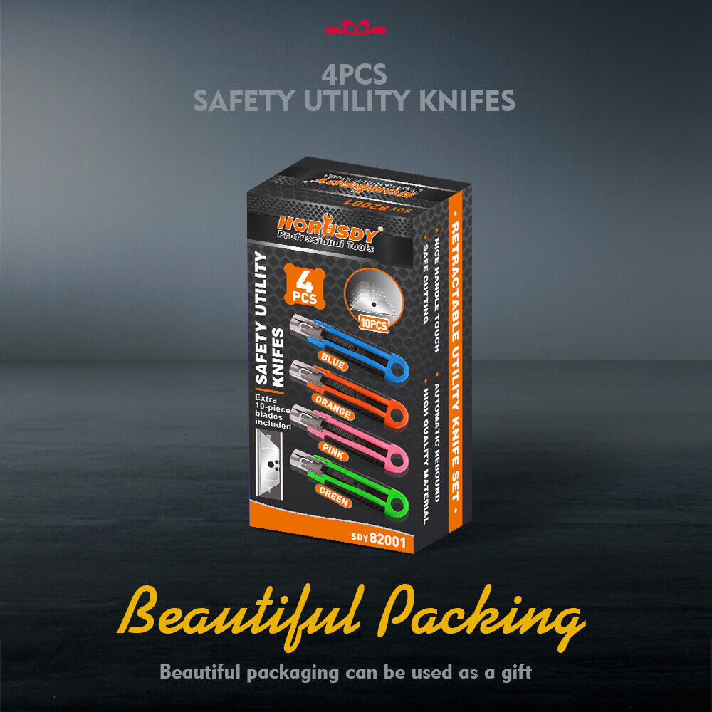 Cutters: 4Pc Box Cutter Snap Off Utility Knife Retractable Grip Handle 10x Spare Blades