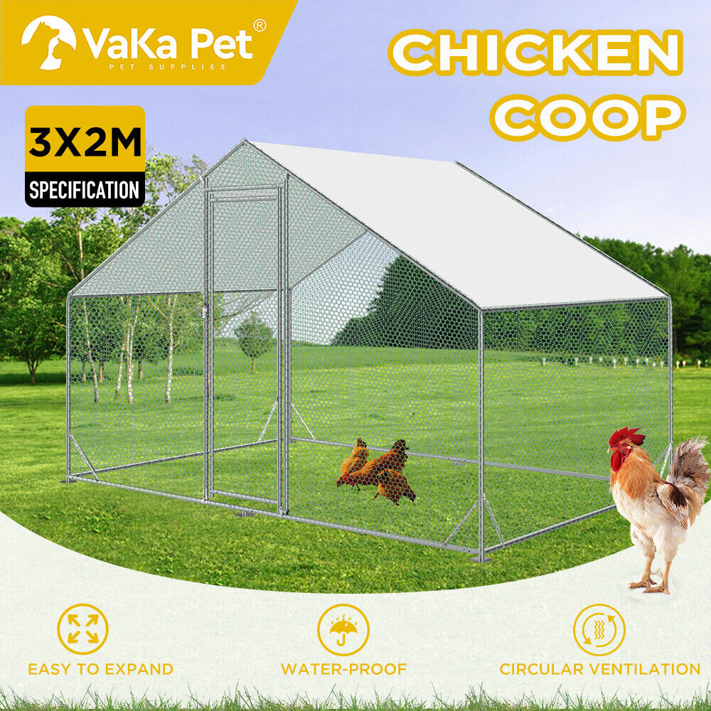 Small Animal Habitats & Cages: VaKa 3x2x1.95m Metal Walk-in Chicken Coop Rabbit Hutch Cage Hen House Chook Au