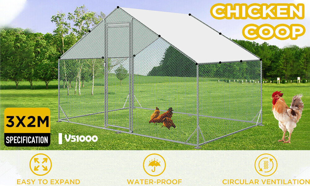 Small Animal Habitats & Cages: VaKa 3x2x1.95m Metal Walk-in Chicken Coop Rabbit Hutch Cage Hen House Chook Au