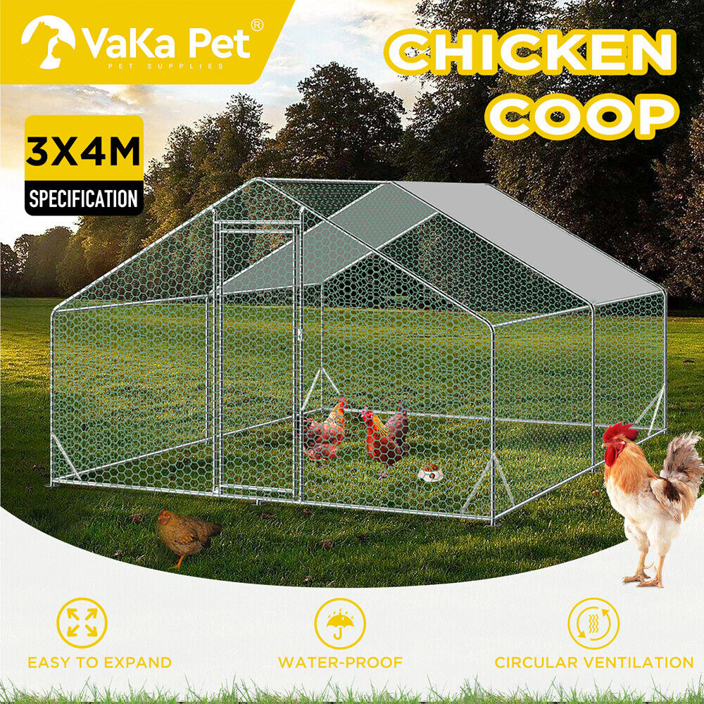 Small Animal Habitats & Cages: VaKa 3x4x1.95m Metal Walk-in Chicken Coop Rabbit Hutch Cage Hen House Chook Au