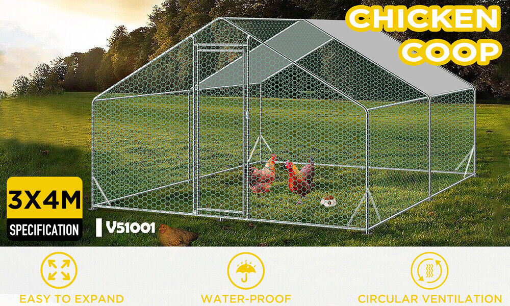 Small Animal Habitats & Cages: VaKa 3x4x1.95m Metal Walk-in Chicken Coop Rabbit Hutch Cage Hen House Chook Au