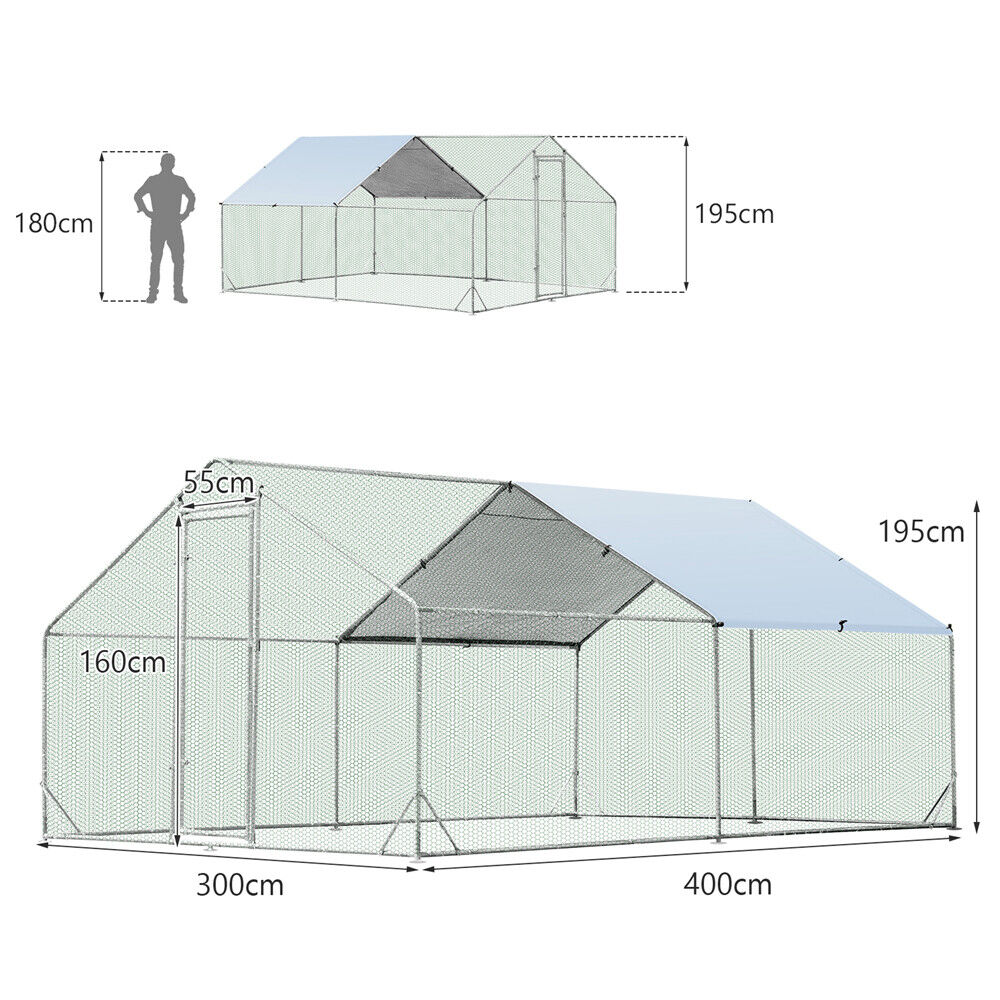 Small Animal Habitats & Cages: VaKa 3x4x1.95m Metal Walk-in Chicken Coop Rabbit Hutch Cage Hen House Chook Au