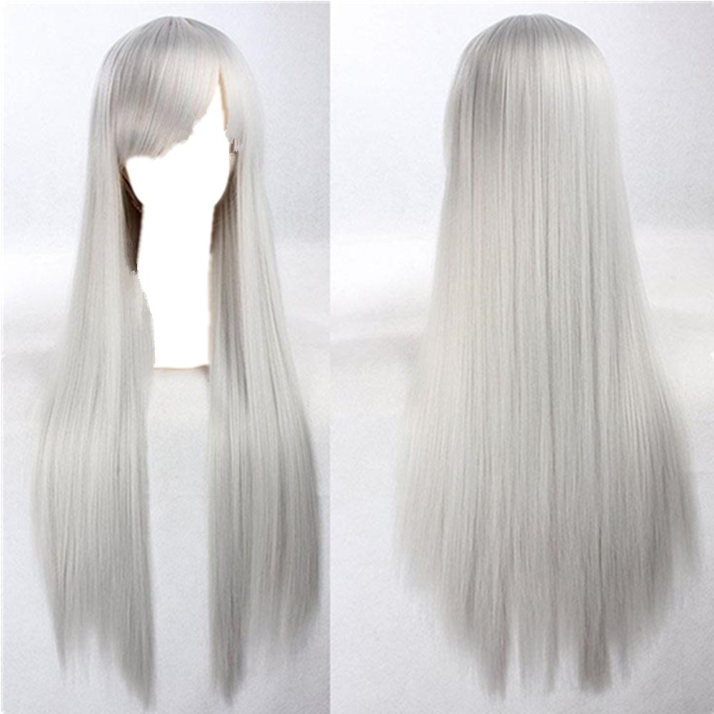 Costumes & Accessories: New 80cm Straight Sleek Long Full Hair Wigs w Side Bangs Cosplay Costume Womens, Grey