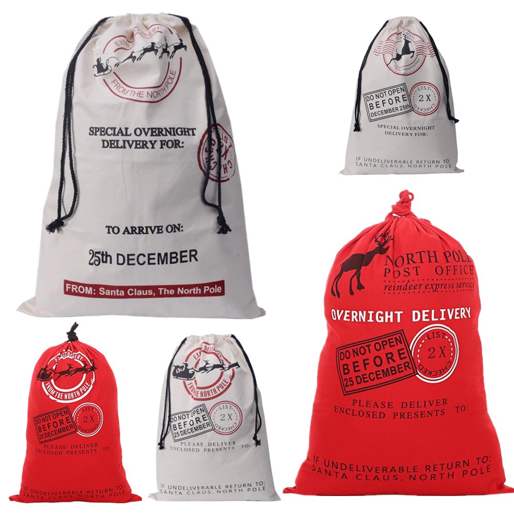 Christmas Decorations: 50x70cm Canvas Hessian Christmas Santa Sack Xmas Stocking Reindeer Kids Gift Bag, Red - Reindeer Express Delivery