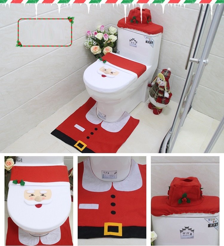 Christmas Decorations: 4pcs Christmas Toilet Seat Cover Rug Bathroom Set Santa Snowman Xmas Home Décor, Santa