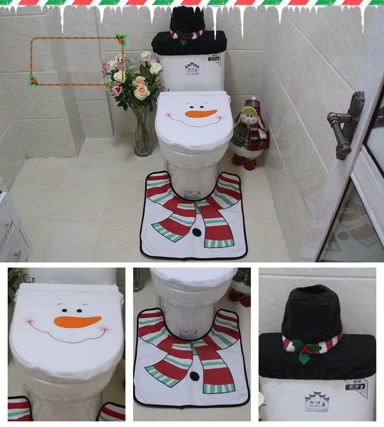 Christmas Decorations: 4pcs Christmas Toilet Seat Cover Rug Bathroom Set Santa Snowman Xmas Home Décor, Snowman A