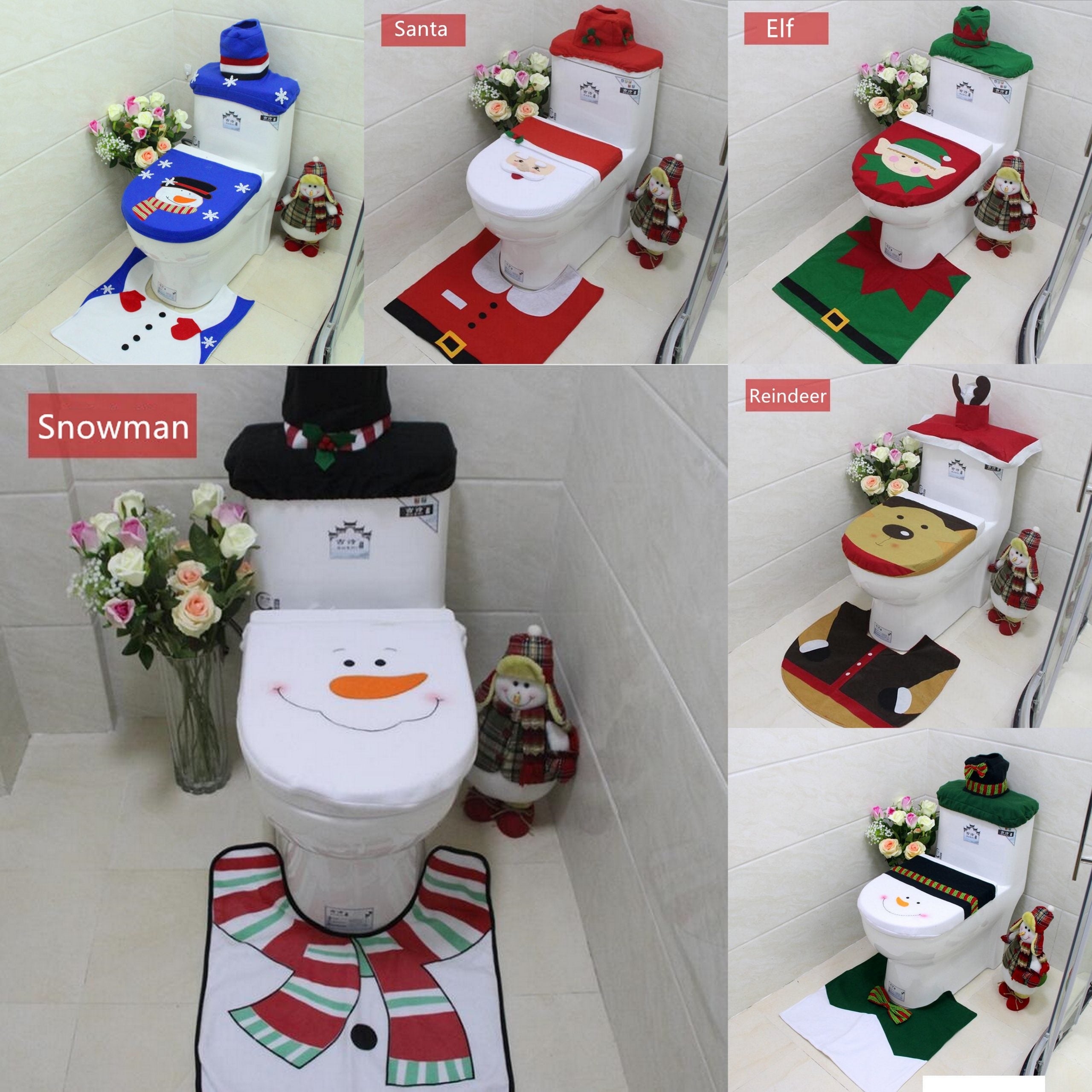 Christmas Decorations: 4pcs Christmas Toilet Seat Cover Rug Bathroom Set Santa Snowman Xmas Home Décor, Snowman A