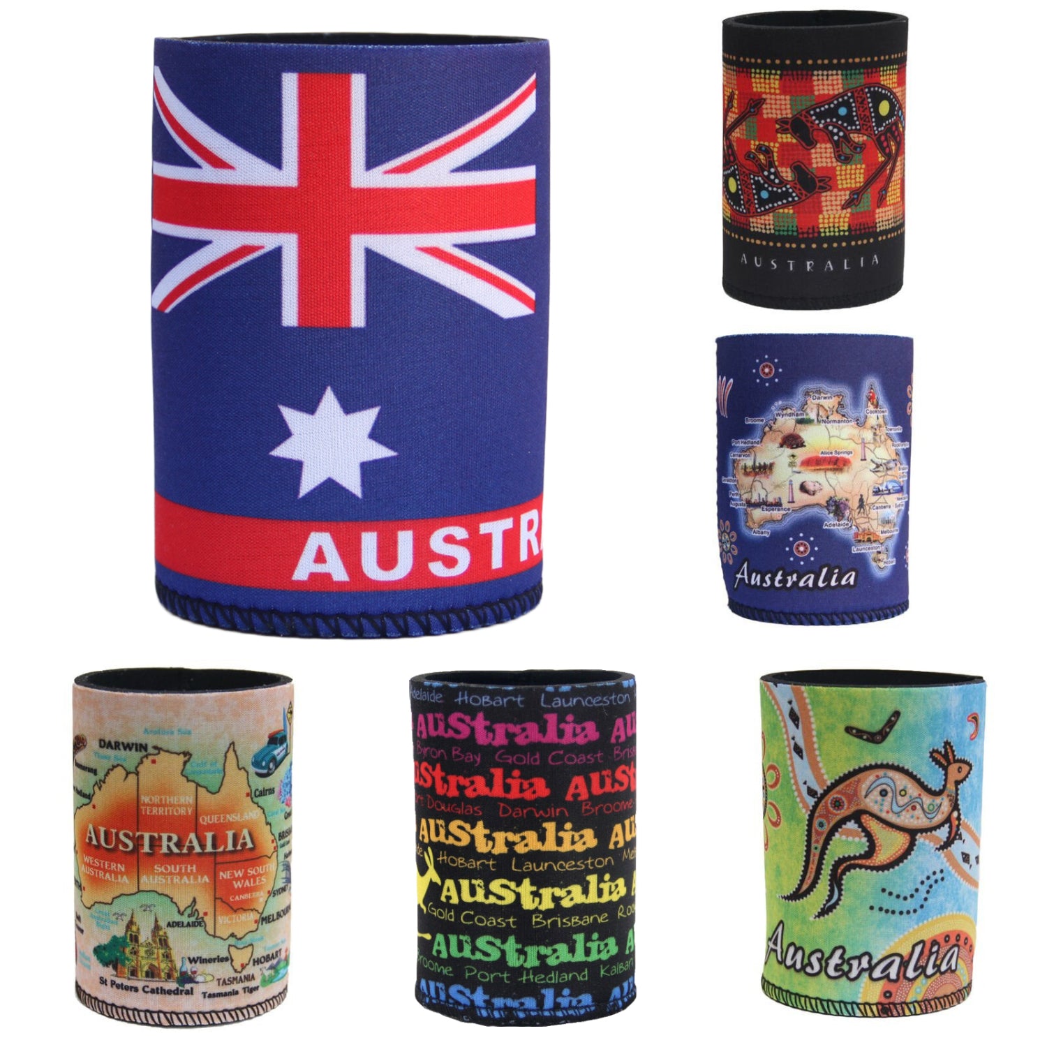 Drinkware: 6x Australia Stubby Stubbie Holder Beer Bottle Tin Can Drink Alcohol Cooler Gift, Mixed Design
