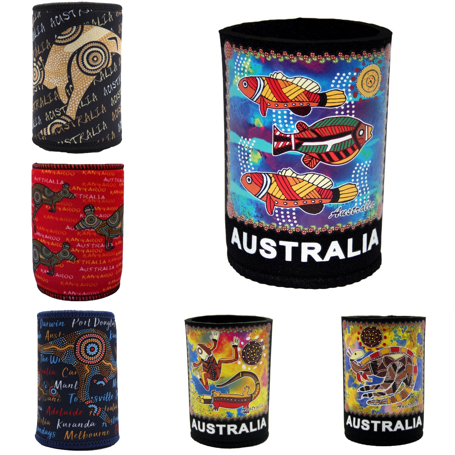 Drinkware: 6x Australia Stubby Stubbie Holder Beer Bottle Tin Can Drink Alcohol Cooler Gift, Aboriginal Art