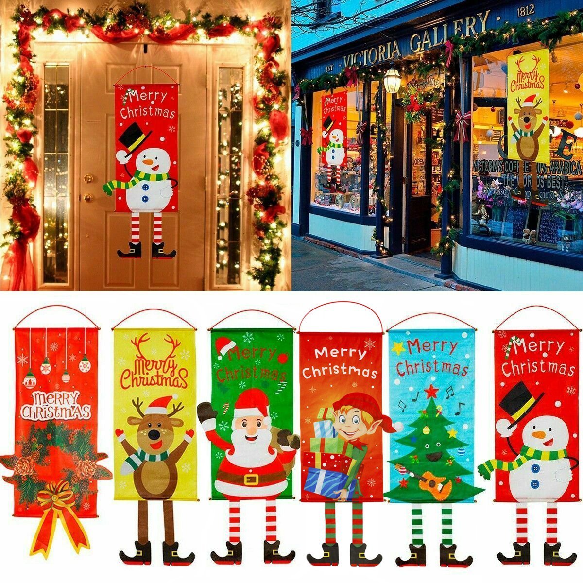 Outdoor Decorations & Lights: Christmas Hanging Banner Flag Door Window Décor Santa Reindeer Snowman Ornaments, Set of 6