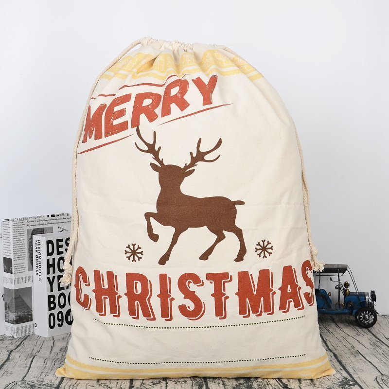 Christmas Decorations: 50x70cm Canvas Hessian Christmas Santa Sack Xmas Stocking Reindeer Kids Gift Bag, Cream - Reindeer
