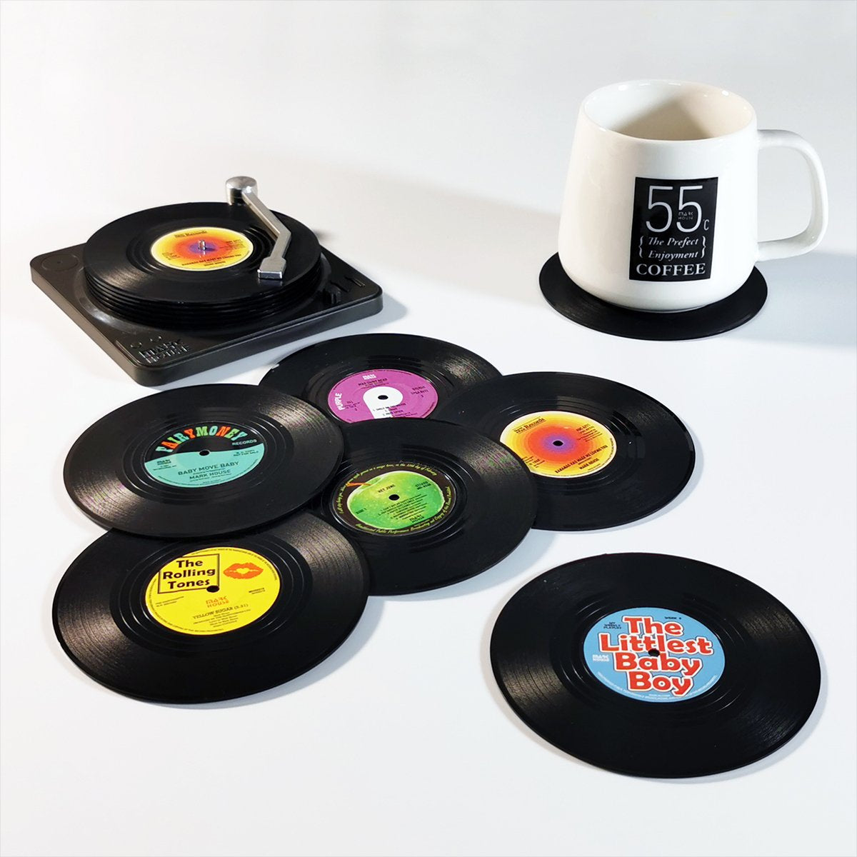 Audio Accessories: 6x Creative Vinyl Record Cup Coasters w Holder Glass Drink Tableware Home Décor, A w/ Record Player Holder