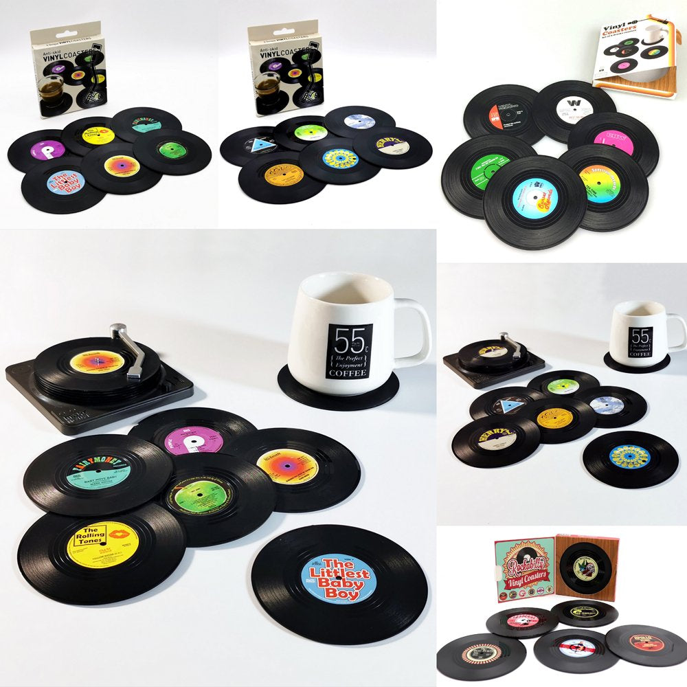 Audio Accessories: 6x Creative Vinyl Record Cup Coasters w Holder Glass Drink Tableware Home Décor, A w/ Record Player Holder