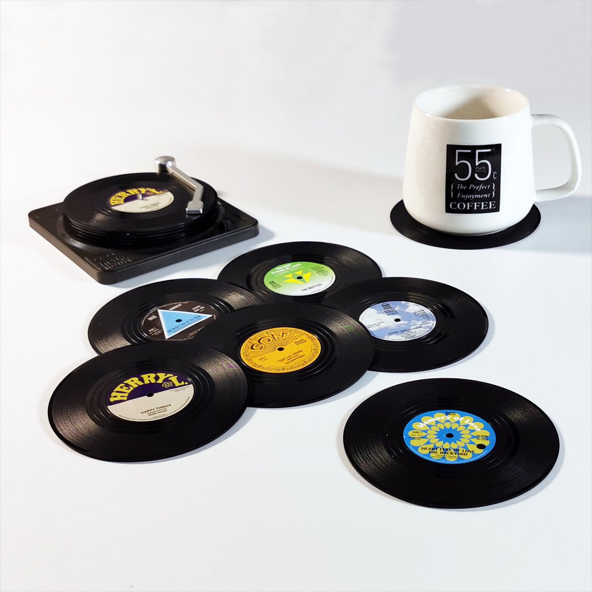Audio Accessories: 6x Creative Vinyl Record Cup Coasters w Holder Glass Drink Tableware Home Décor, B w/ Record Player Holder