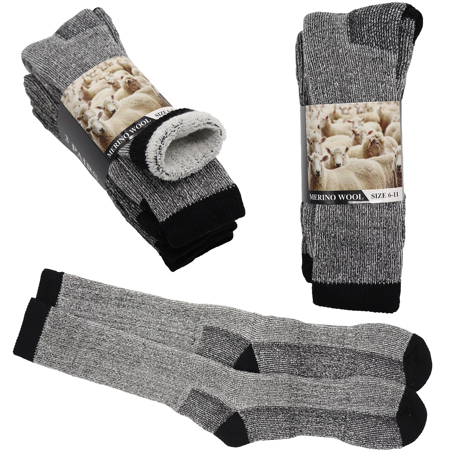 Dining Set: 6 Pairs Merino Wool Thick Double Cushion Heavy Duty Socks Tradie Warm Thermal, 6-11