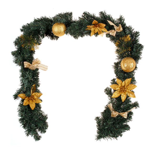 1.8m/6ft Christmas Pine Green Garland Gold Balls Flower Bows Xmas Hanging DǸcor, Gold, Green