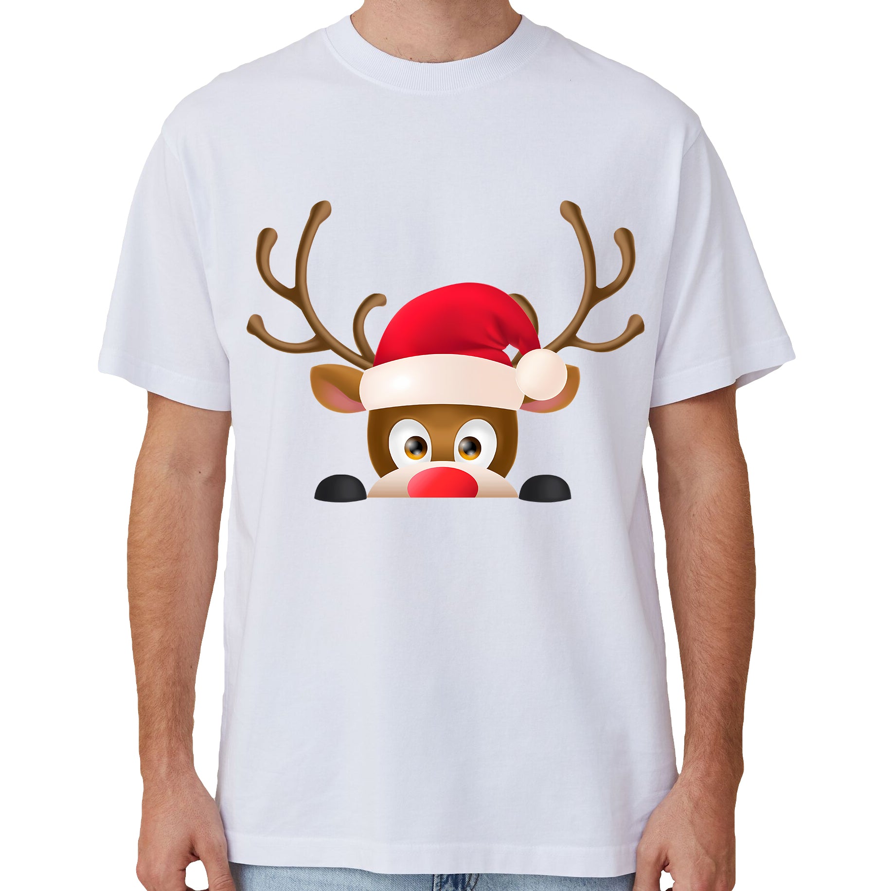Christmas Clothing: 100% Cotton Christmas T-shirt Adult Unisex Tee Tops Funny Santa Party Custume, Reindeer Head (White), L