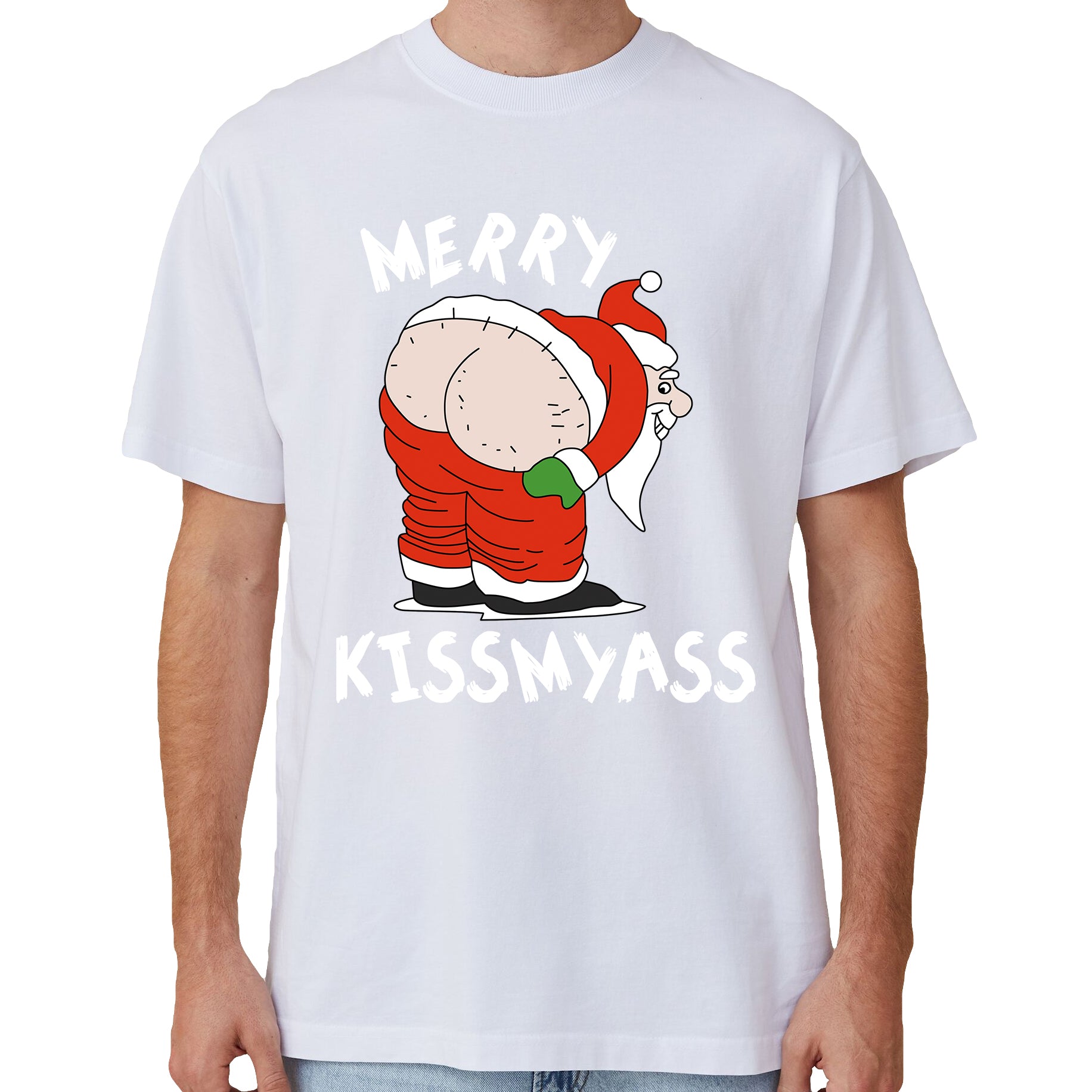 Christmas Clothing: 100% Cotton Christmas T-shirt Adult Unisex Tee Tops Funny Santa Party Custume, Merry Kissmyass (White), L