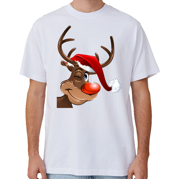 100% Cotton Christmas T-shirt Adult Unisex Tee Tops Funny Santa Party Custume, Reindeer Wink (White), S