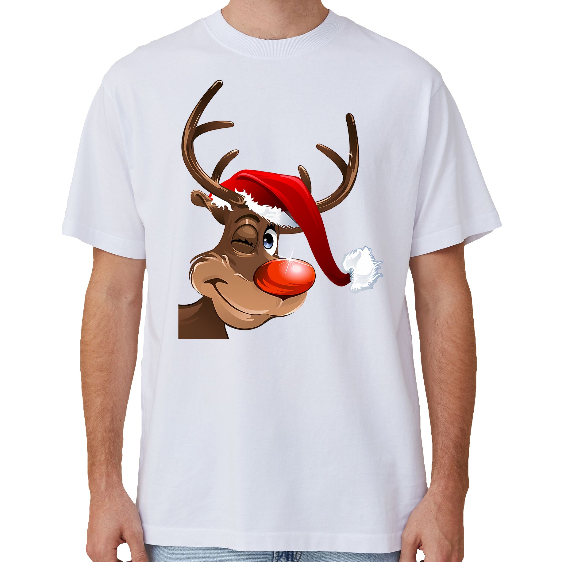 Christmas Clothing: 100% Cotton Christmas T-shirt Adult Unisex Tee Tops Funny Santa Party Custume, Reindeer Wink (White), L