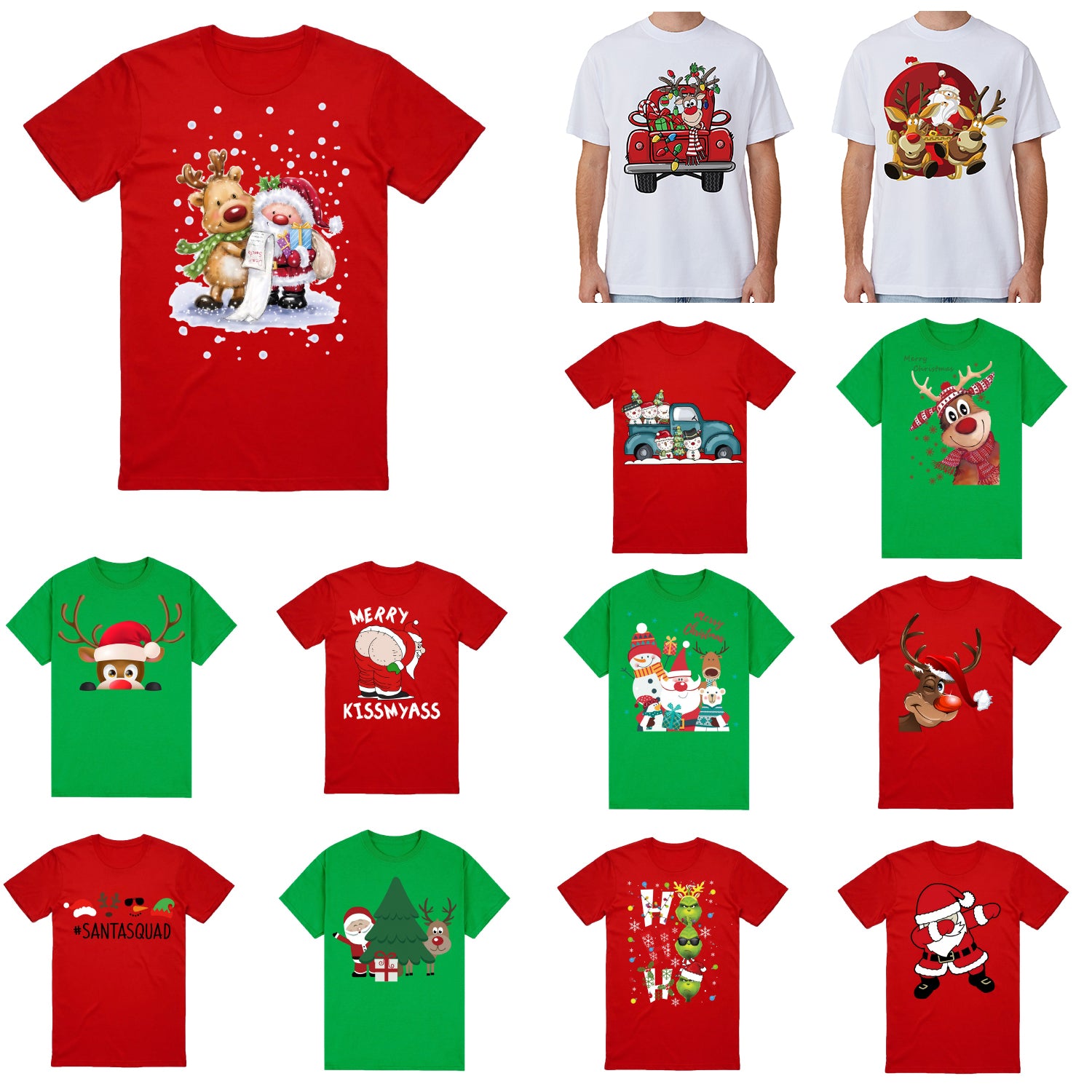 Christmas Clothing: 100% Cotton Christmas T-shirt Adult Unisex Tee Tops Funny Santa Party Custume, Car with Reindeer (White), L