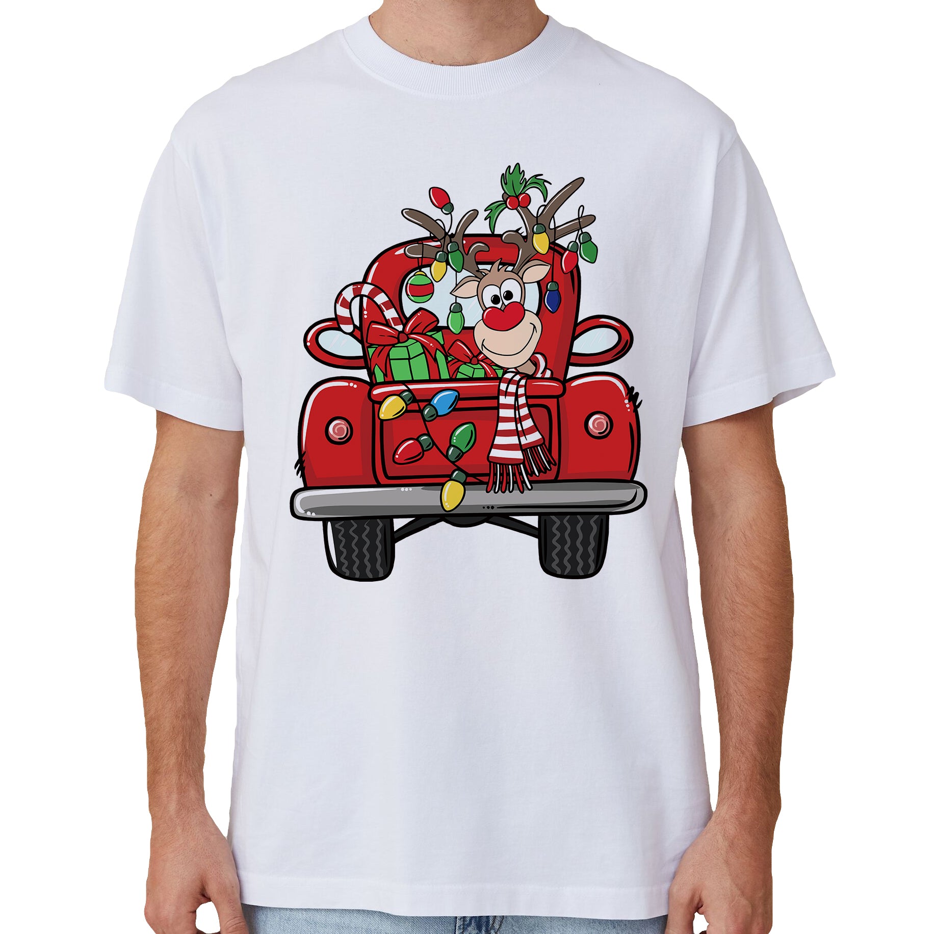 Christmas Clothing: 100% Cotton Christmas T-shirt Adult Unisex Tee Tops Funny Santa Party Custume, Car with Reindeer (White), 3XL