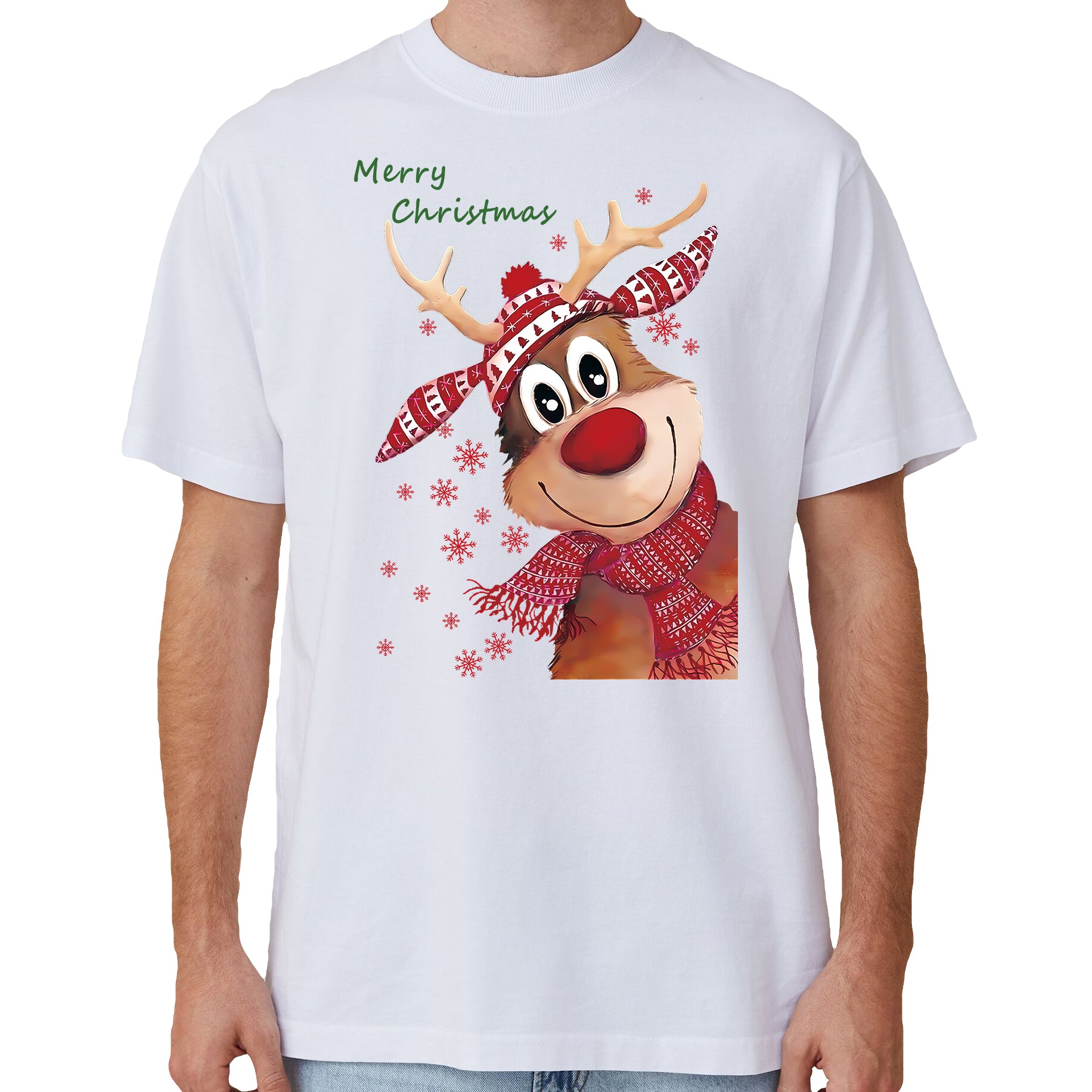 Christmas Clothing: 100% Cotton Christmas T-shirt Adult Unisex Tee Tops Funny Santa Party Custume, Reindeer (White), 3XL