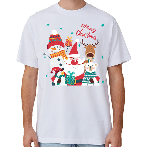 100% Cotton Christmas T-shirt Adult Unisex Tee Tops Funny Santa Party Custume, Santa Gathering (White), 3XL