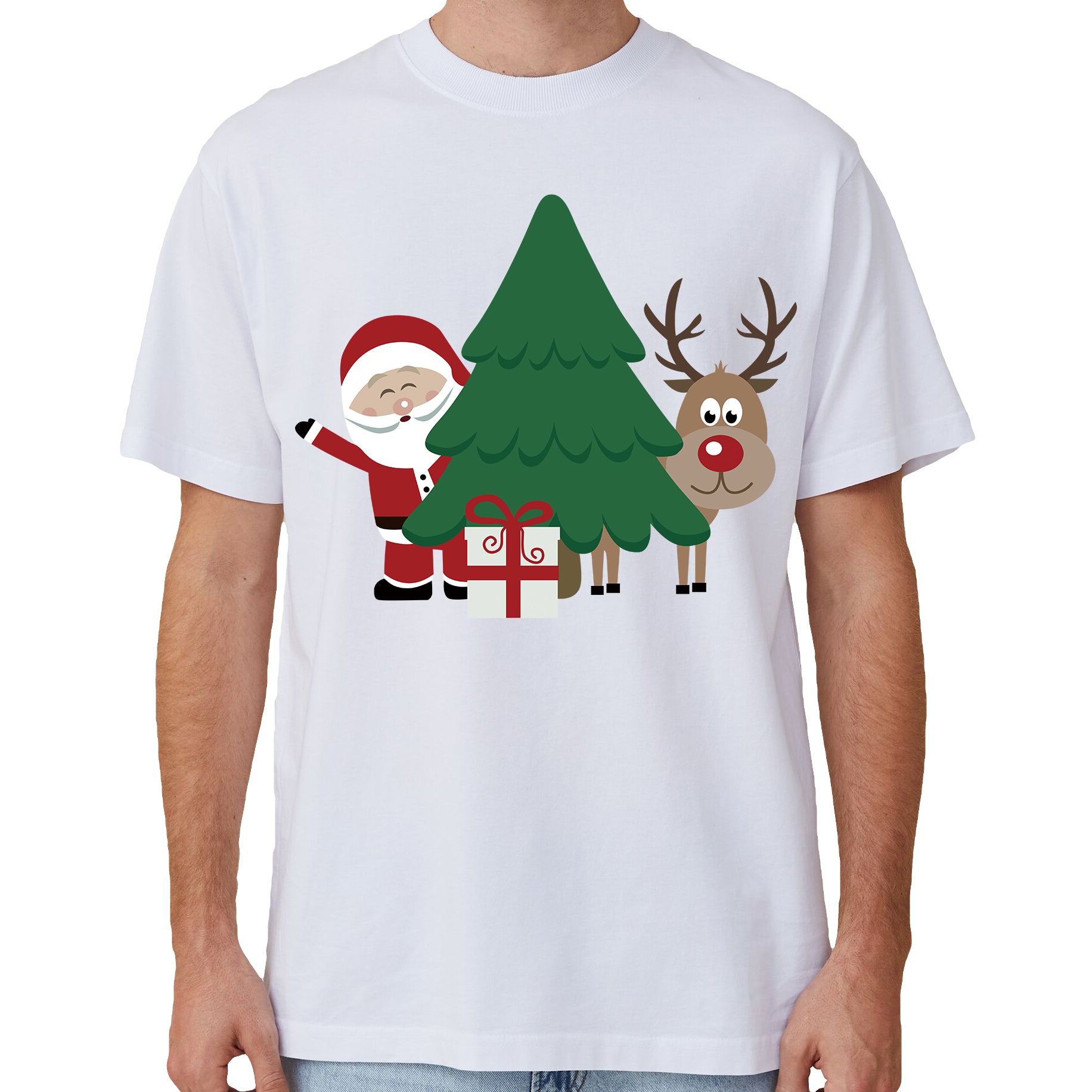 Christmas Clothing: 100% Cotton Christmas T-shirt Adult Unisex Tee Tops Funny Santa Party Custume, Santa with Tree (White), L