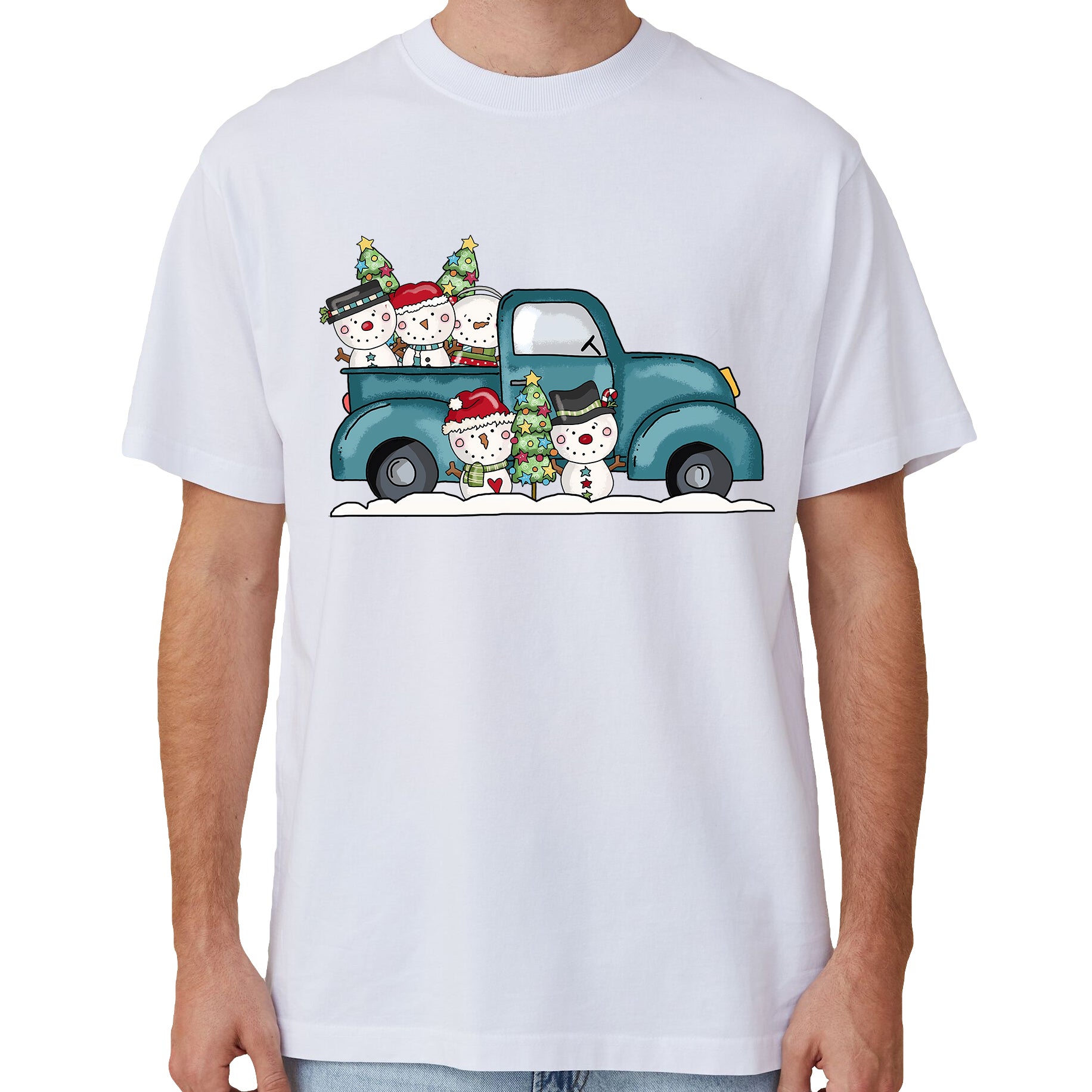 Christmas Clothing: 100% Cotton Christmas T-shirt Adult Unisex Tee Tops Funny Santa Party Custume, Car with Snowman (White), L