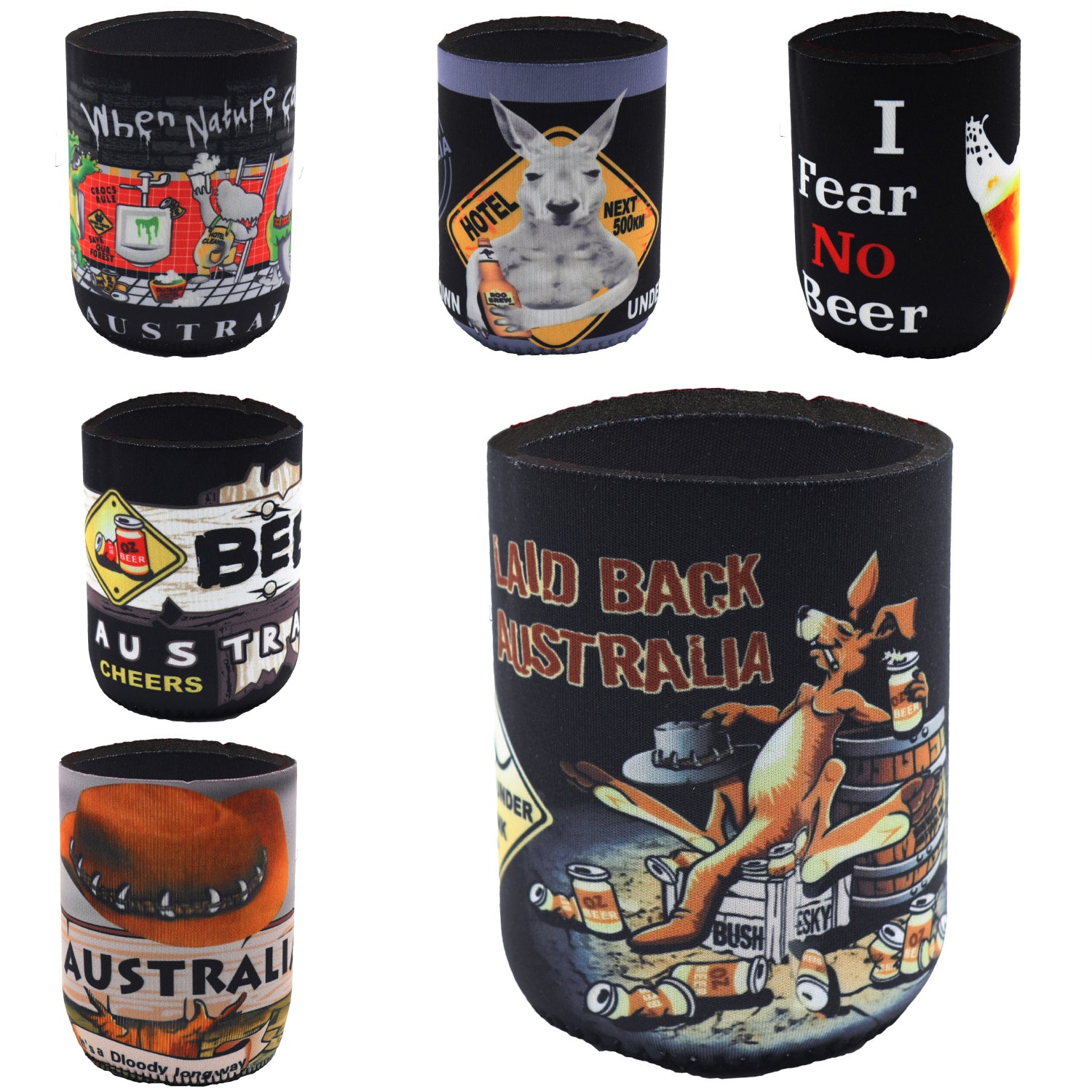 Drinkware: 6x Australia Stubby Stubbie Holder Beer Bottle Tin Can Drink Alcohol Cooler Gift, Mixed Design (Fun)