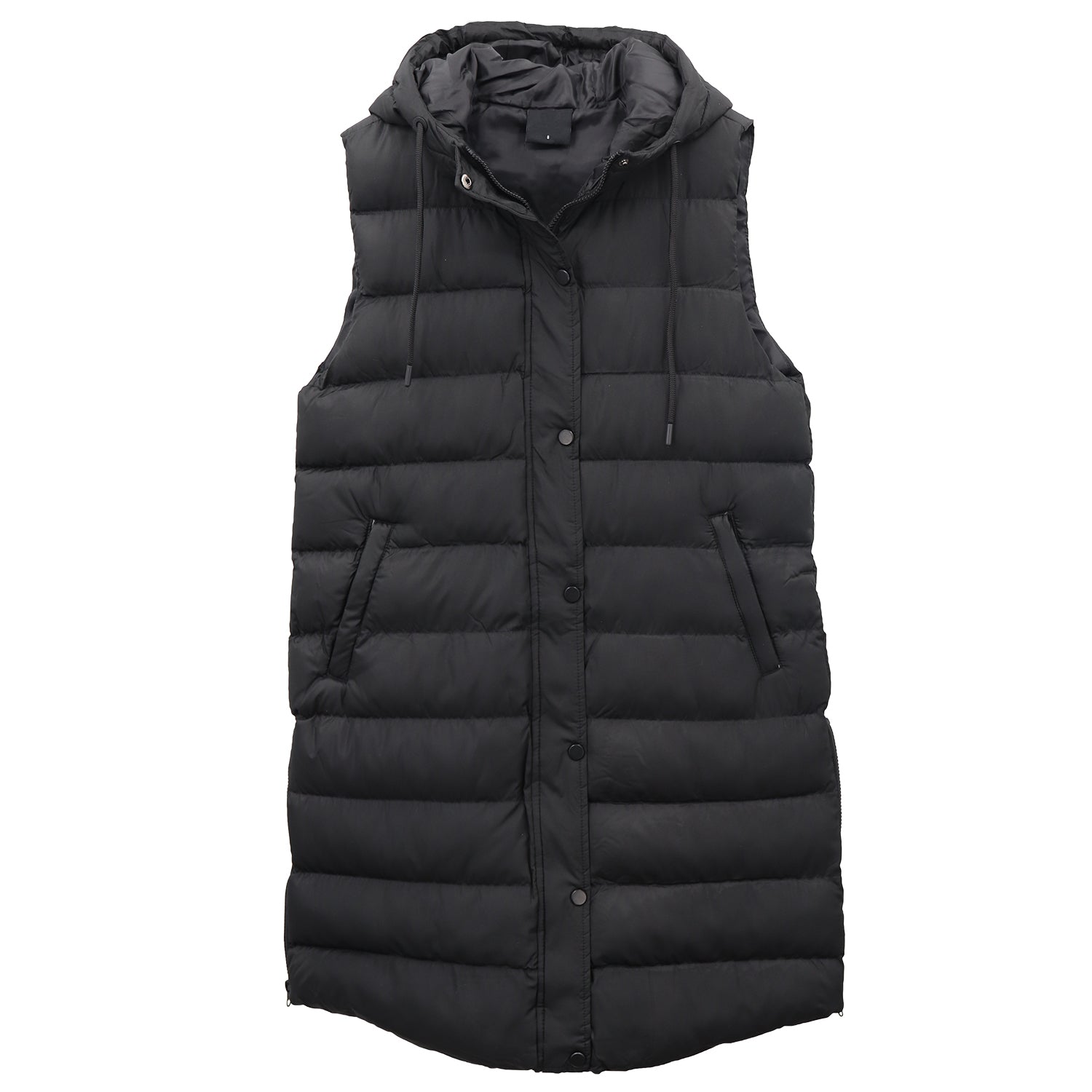 Women's Jackets & Coats: Women's Longline Padded Vest Hooded Jacket Puffer Puffy Quilted Zip Coat Gilet, Black, 18