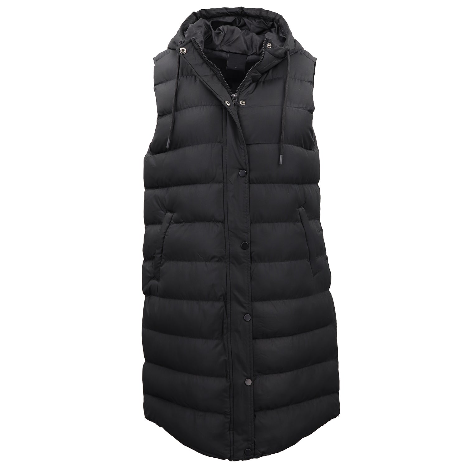 Women's Jackets & Coats: Women's Longline Padded Vest Hooded Jacket Puffer Puffy Quilted Zip Coat Gilet, Black, 18