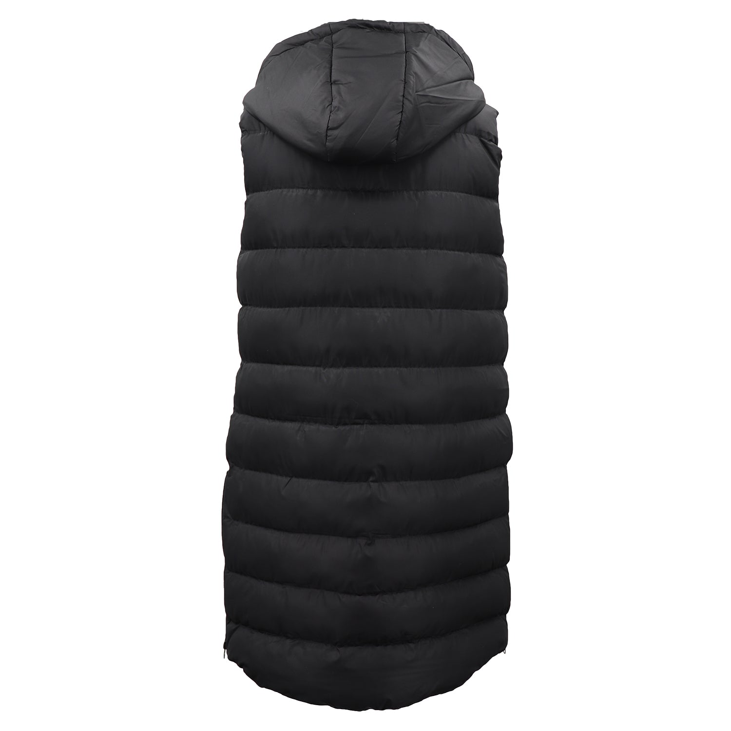 Women's Jackets & Coats: Women's Longline Padded Vest Hooded Jacket Puffer Puffy Quilted Zip Coat Gilet, Black, 18
