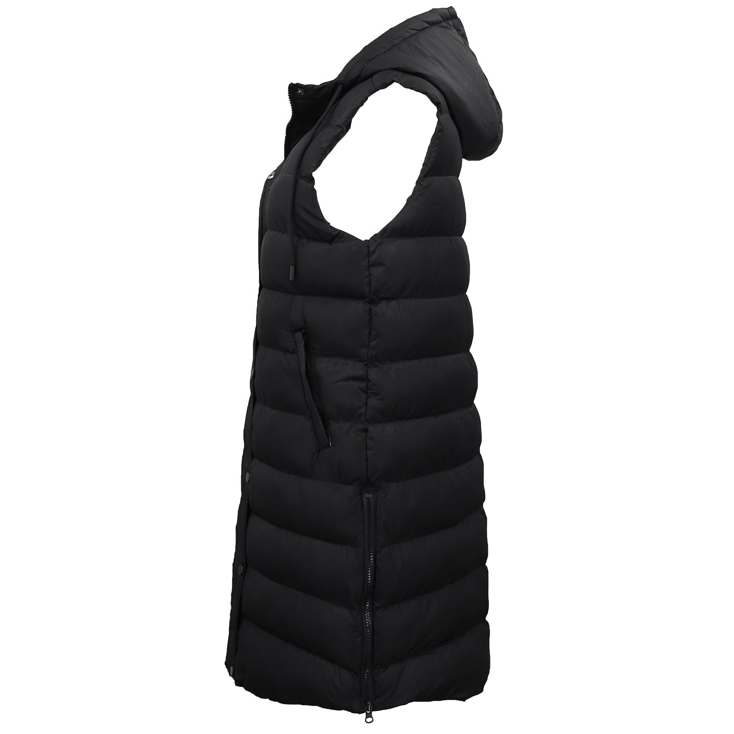 Women's Jackets & Coats: Women's Longline Padded Vest Hooded Jacket Puffer Puffy Quilted Zip Coat Gilet, Black, 18