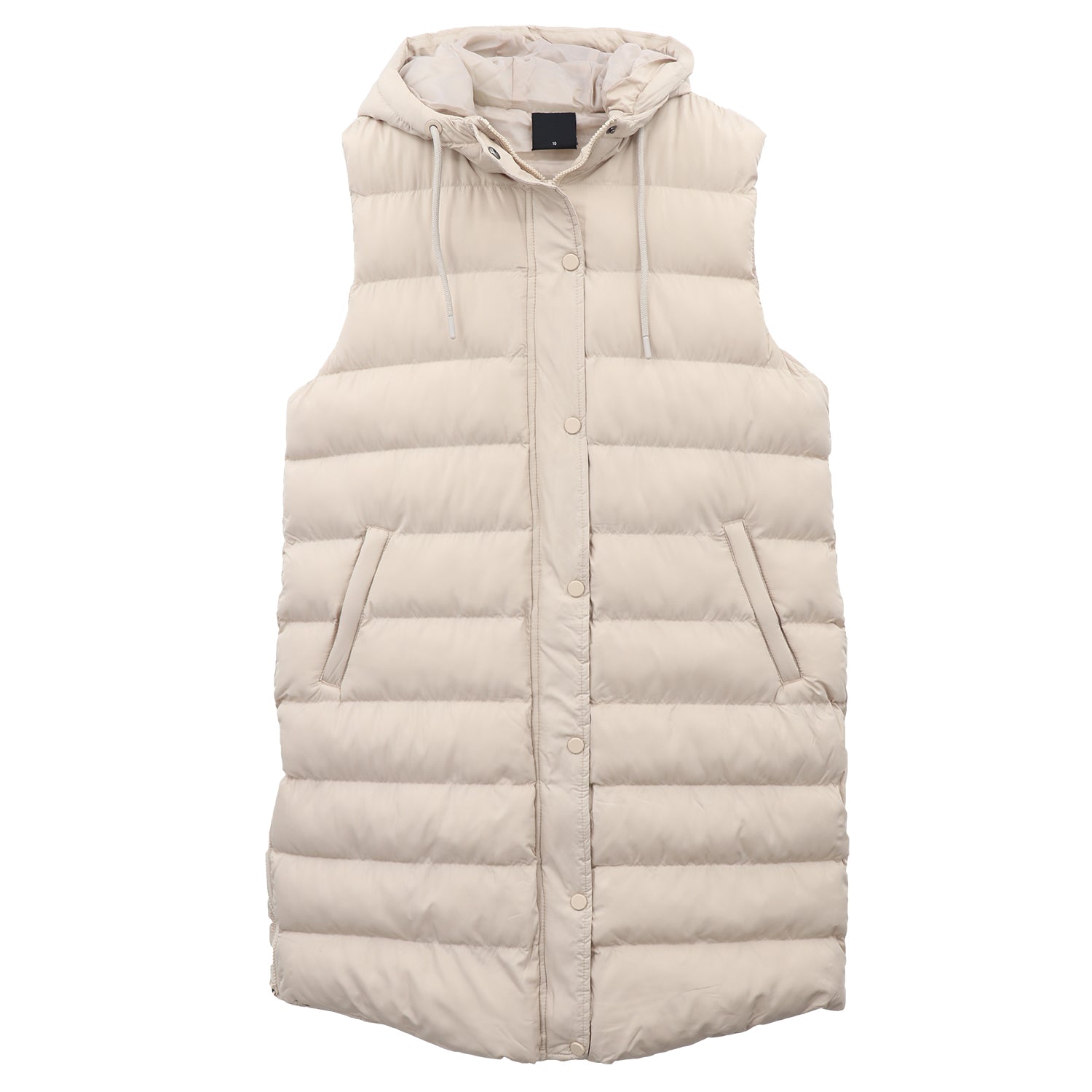 Women's Jackets & Coats: Women's Longline Padded Vest Hooded Jacket Puffer Puffy Quilted Zip Coat Gilet, Khaki, 18