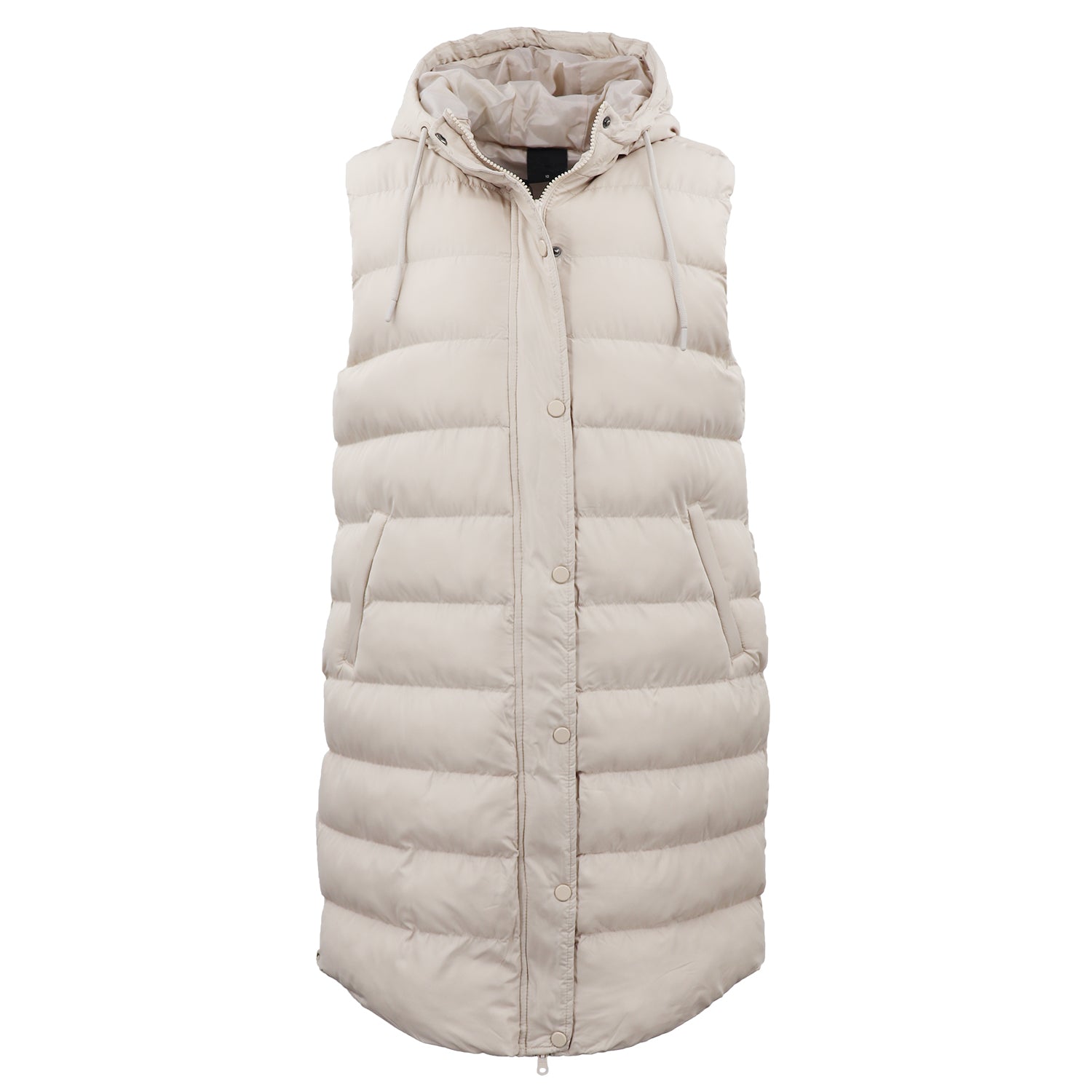 Women's Jackets & Coats: Women's Longline Padded Vest Hooded Jacket Puffer Puffy Quilted Zip Coat Gilet, Khaki, 18