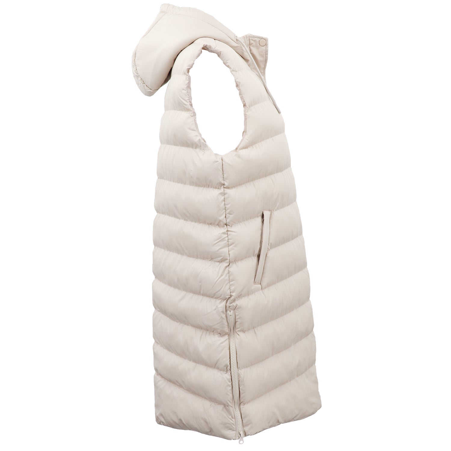 Women's Jackets & Coats: Women's Longline Padded Vest Hooded Jacket Puffer Puffy Quilted Zip Coat Gilet, Khaki, 18