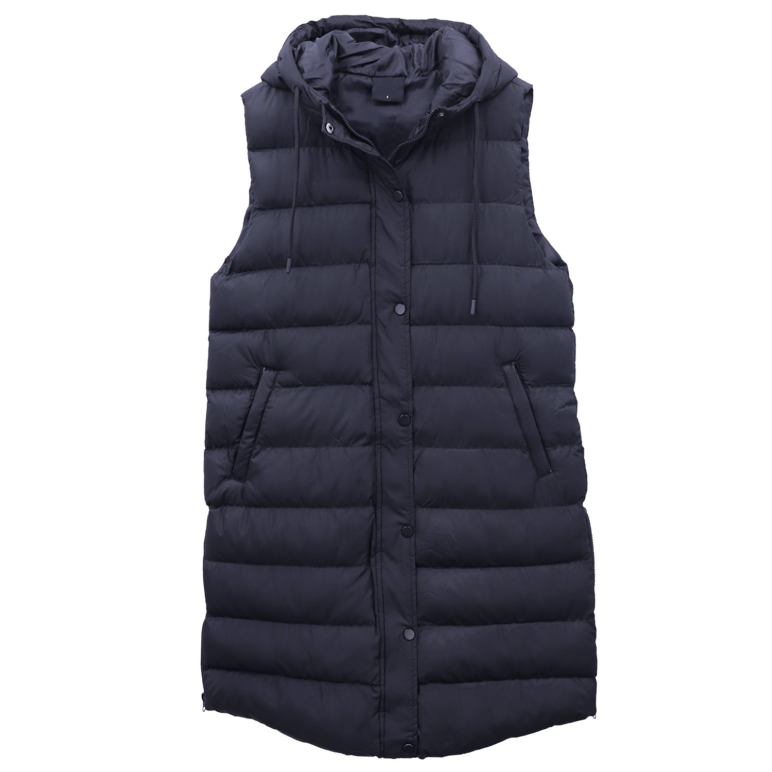 Women's Jackets & Coats: Women's Longline Padded Vest Hooded Jacket Puffer Puffy Quilted Zip Coat Gilet, Navy, 8