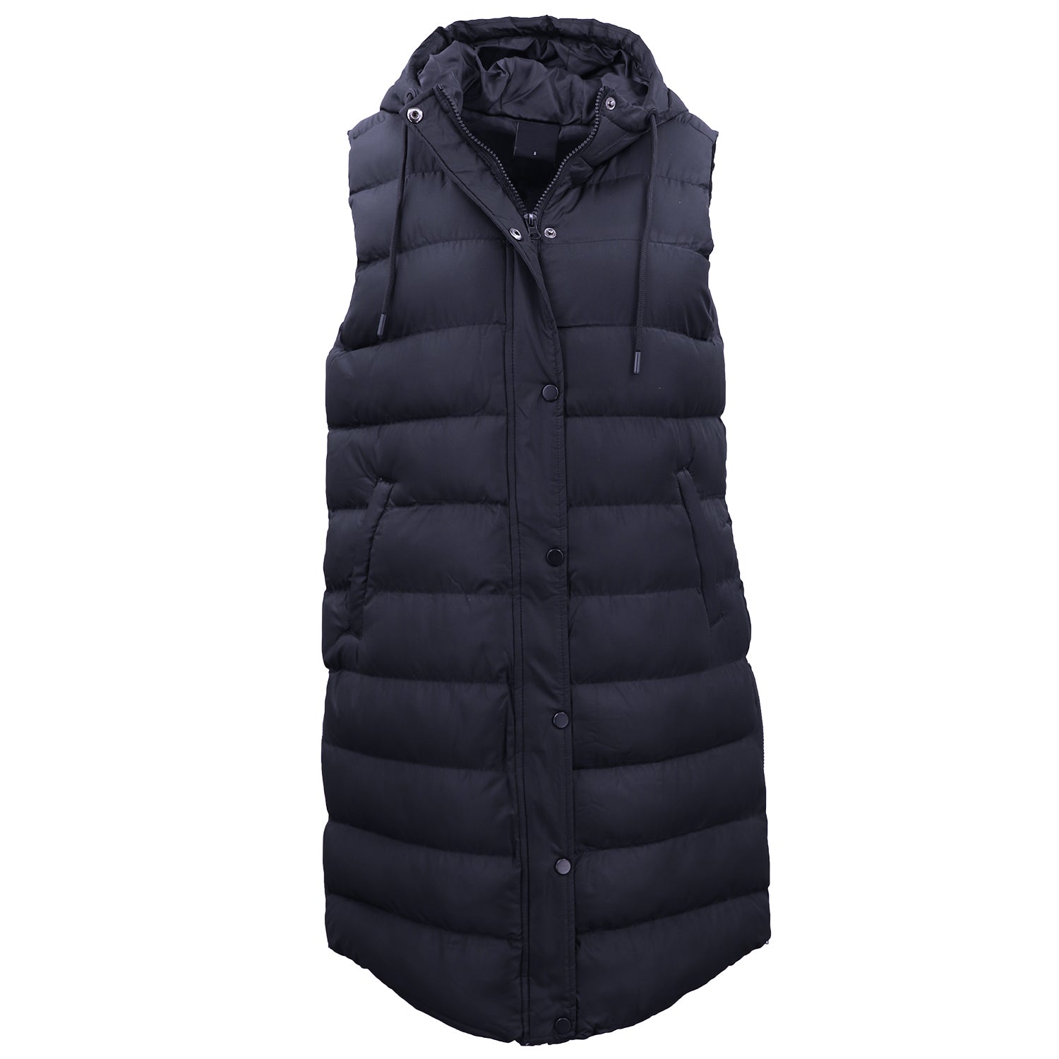 Women's Jackets & Coats: Women's Longline Padded Vest Hooded Jacket Puffer Puffy Quilted Zip Coat Gilet, Navy, 10