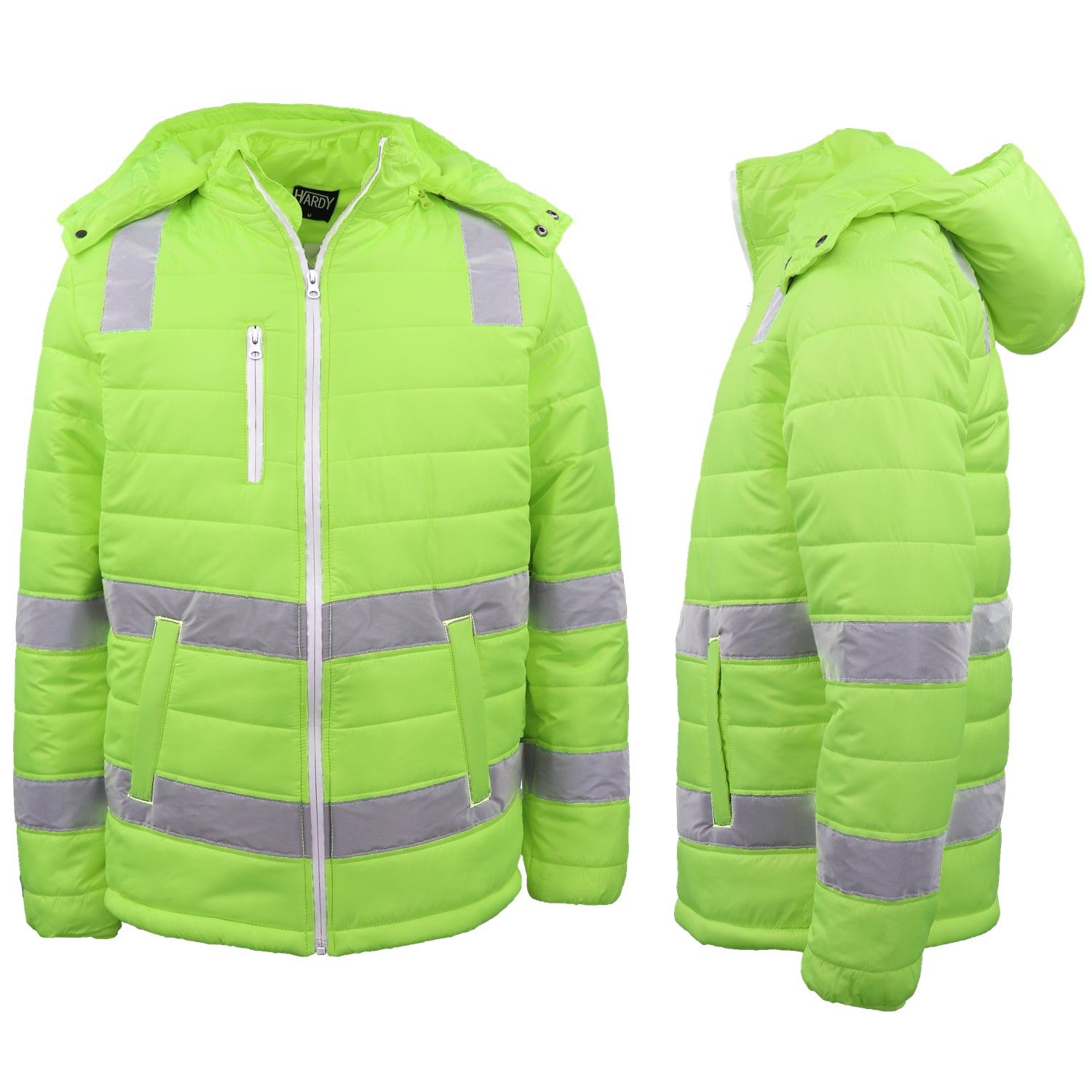 Men's Coats & Jackets: HI VIS Puffer Safety Jacket Reflective Tape Removable Hood Zip Pocket Puffy Coat, Fluro Yellow, 5XL