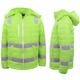 Men's Coats & Jackets: HI VIS Puffer Safety Jacket Reflective Tape Removable Hood Zip Pocket Puffy Coat, Fluro Yellow, 5XL